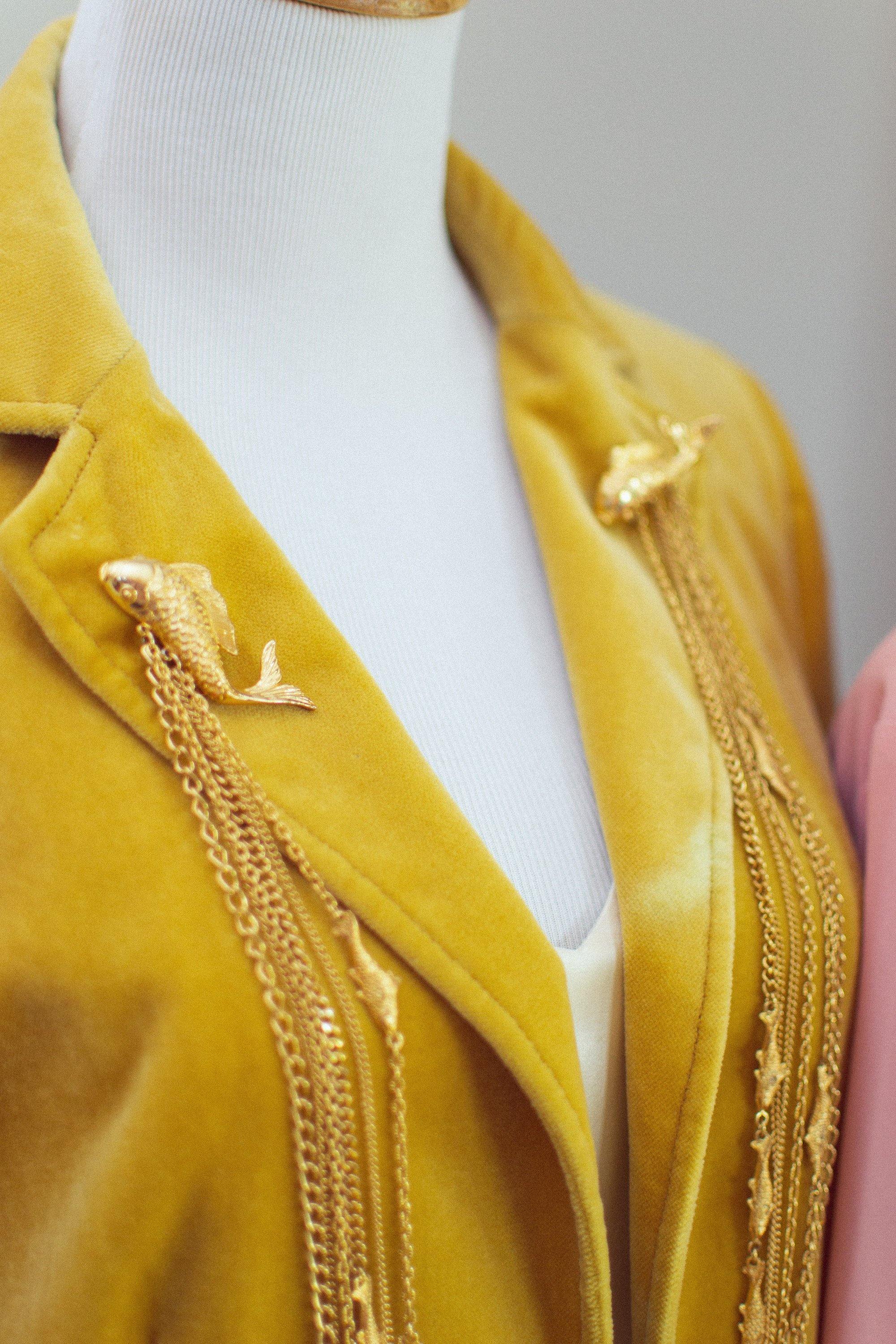 Vintage Long Gold Chatelaine Brooch with Jumping Koi Fish by 1980s - Vintage Meet Modern Vintage Jewelry - Chicago, Illinois - #oldhollywoodglamour #vintagemeetmodern #designervintage #jewelrybox #antiquejewelry #vintagejewelry