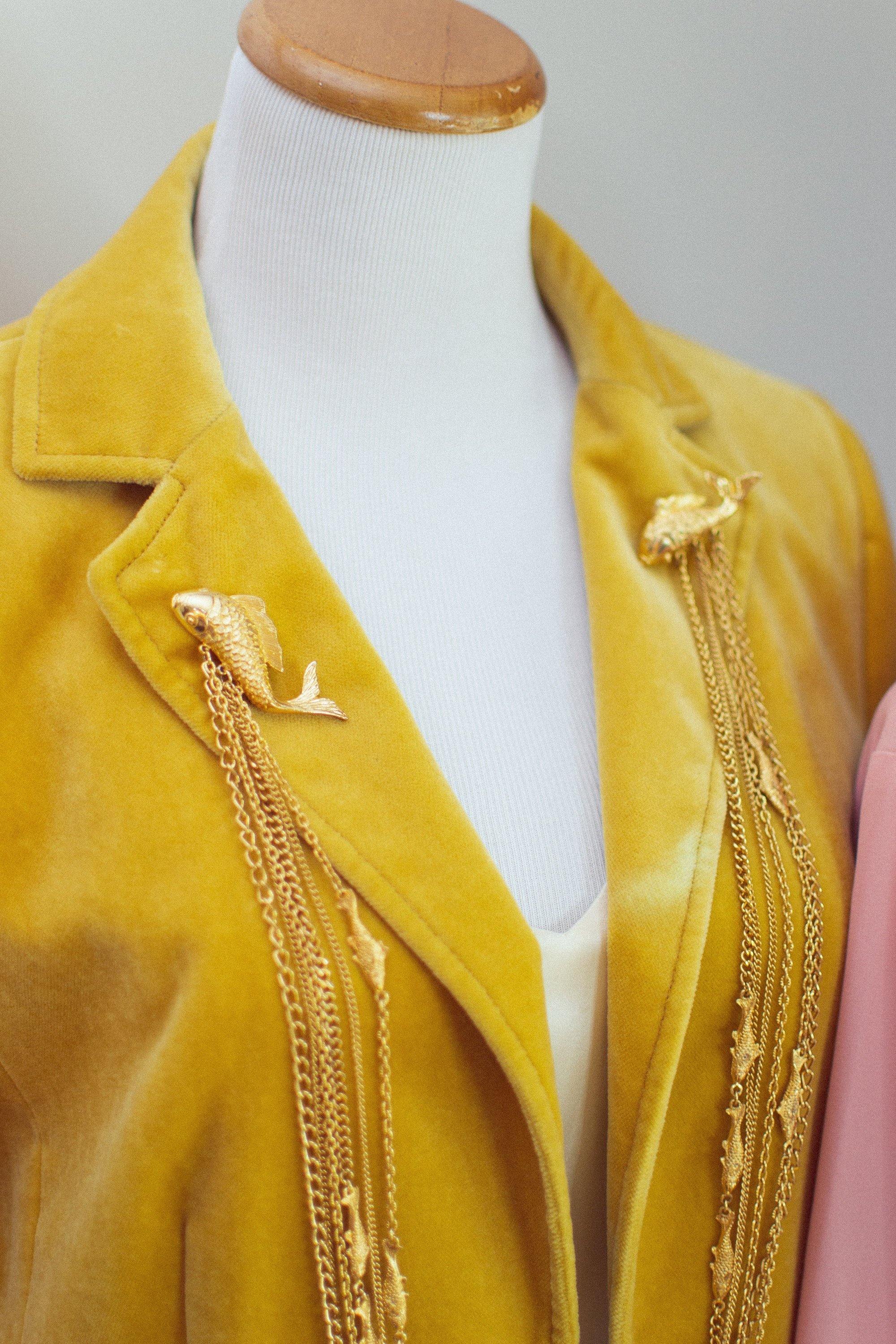 Vintage Long Gold Chatelaine Brooch with Jumping Koi Fish by 1980s - Vintage Meet Modern Vintage Jewelry - Chicago, Illinois - #oldhollywoodglamour #vintagemeetmodern #designervintage #jewelrybox #antiquejewelry #vintagejewelry