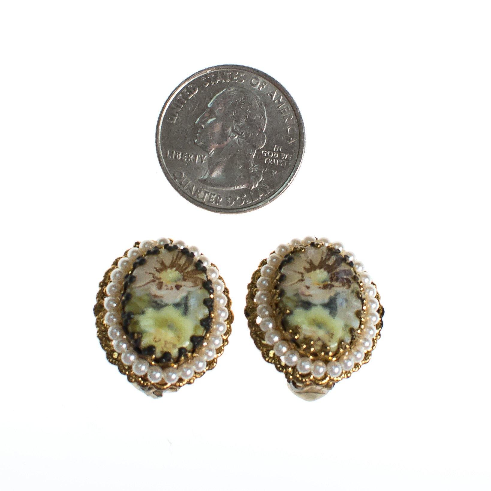 Vintage West Germany Oval Gold Filigree Earrings with Pastel Flowers and Pearls Clip On by West Germany - Vintage Meet Modern Vintage Jewelry - Chicago, Illinois - #oldhollywoodglamour #vintagemeetmodern #designervintage #jewelrybox #antiquejewelry #vintagejewelry