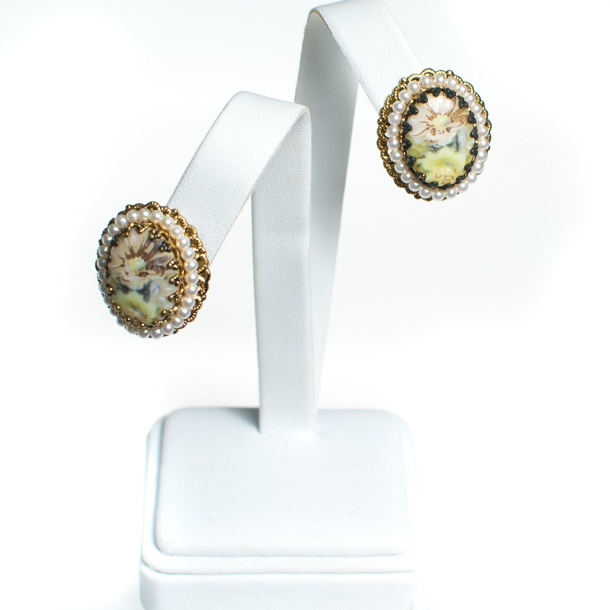 Vintage West Germany Oval Gold Filigree Earrings with Pastel Flowers and Pearls Clip On by West Germany - Vintage Meet Modern Vintage Jewelry - Chicago, Illinois - #oldhollywoodglamour #vintagemeetmodern #designervintage #jewelrybox #antiquejewelry #vintagejewelry