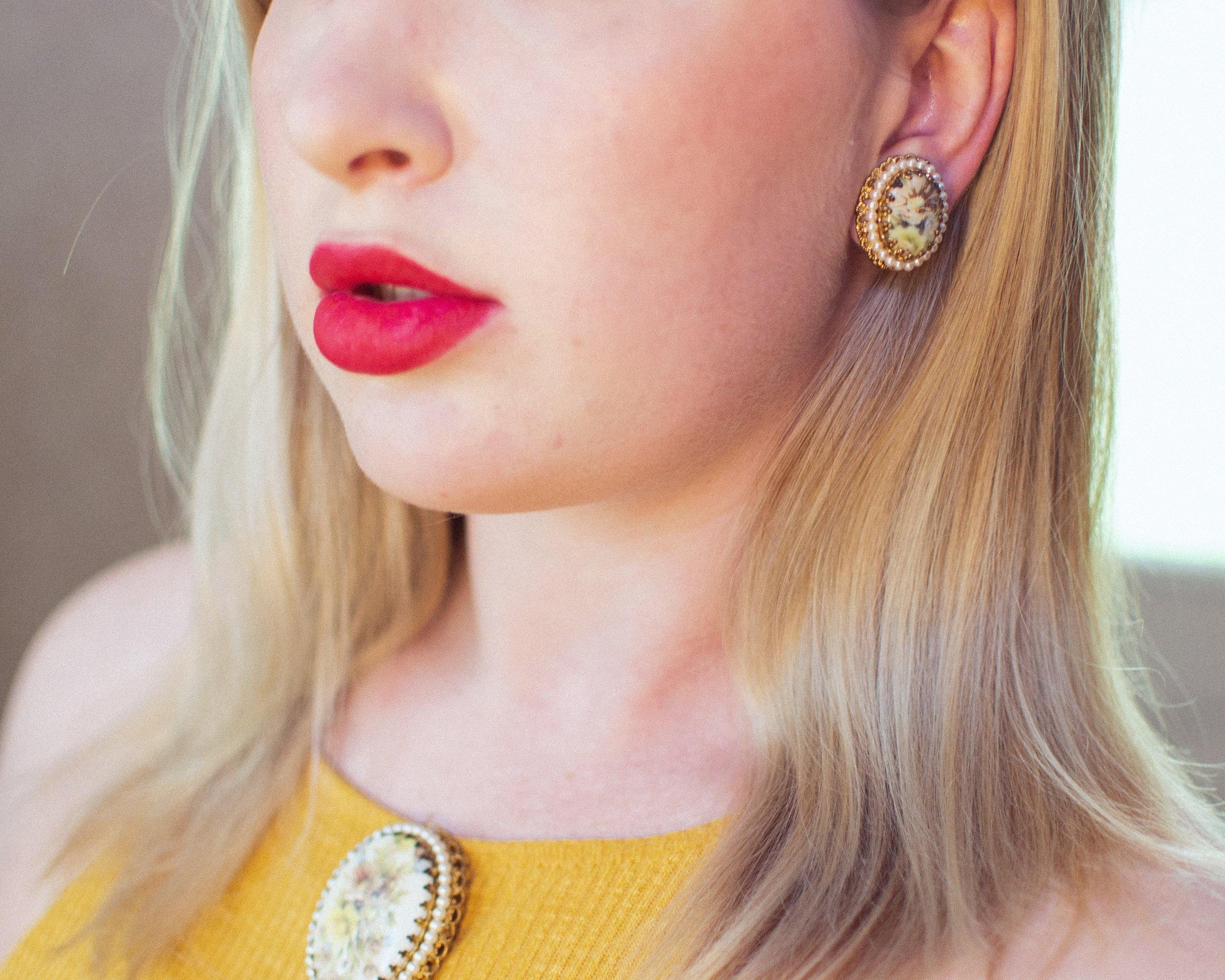 Vintage West Germany Oval Gold Filigree Earrings with Pastel Flowers and Pearls Clip On by West Germany - Vintage Meet Modern Vintage Jewelry - Chicago, Illinois - #oldhollywoodglamour #vintagemeetmodern #designervintage #jewelrybox #antiquejewelry #vintagejewelry