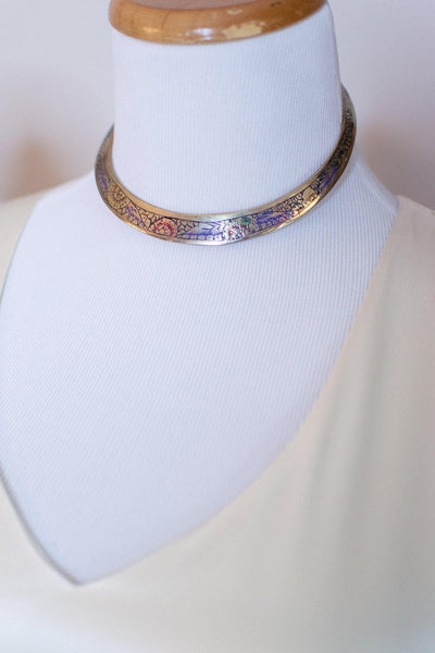 Vintage Made in Indian Colorful Enamel and Embossed Brass Collar Choker Necklace by 1970s - Vintage Meet Modern Vintage Jewelry - Chicago, Illinois - #oldhollywoodglamour #vintagemeetmodern #designervintage #jewelrybox #antiquejewelry #vintagejewelry