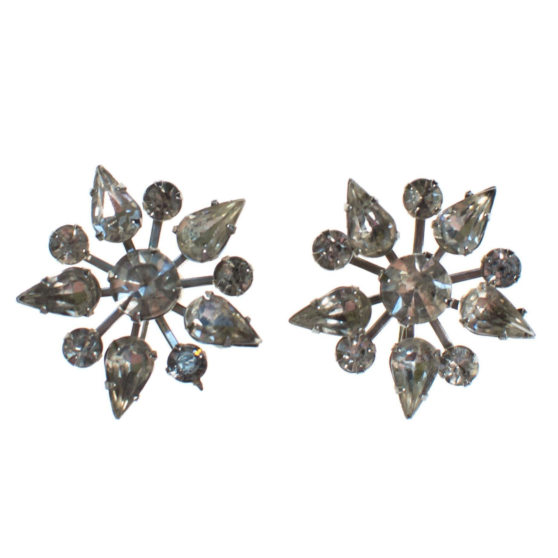 Vintage Art Deco Diamante Crystal Rhinestone Snowflake Earrings, Silver Tone, Screw Back by Art Deco - Vintage Meet Modern Vintage Jewelry - Chicago, Illinois - #oldhollywoodglamour #vintagemeetmodern #designervintage #jewelrybox #antiquejewelry #vintagejewelry