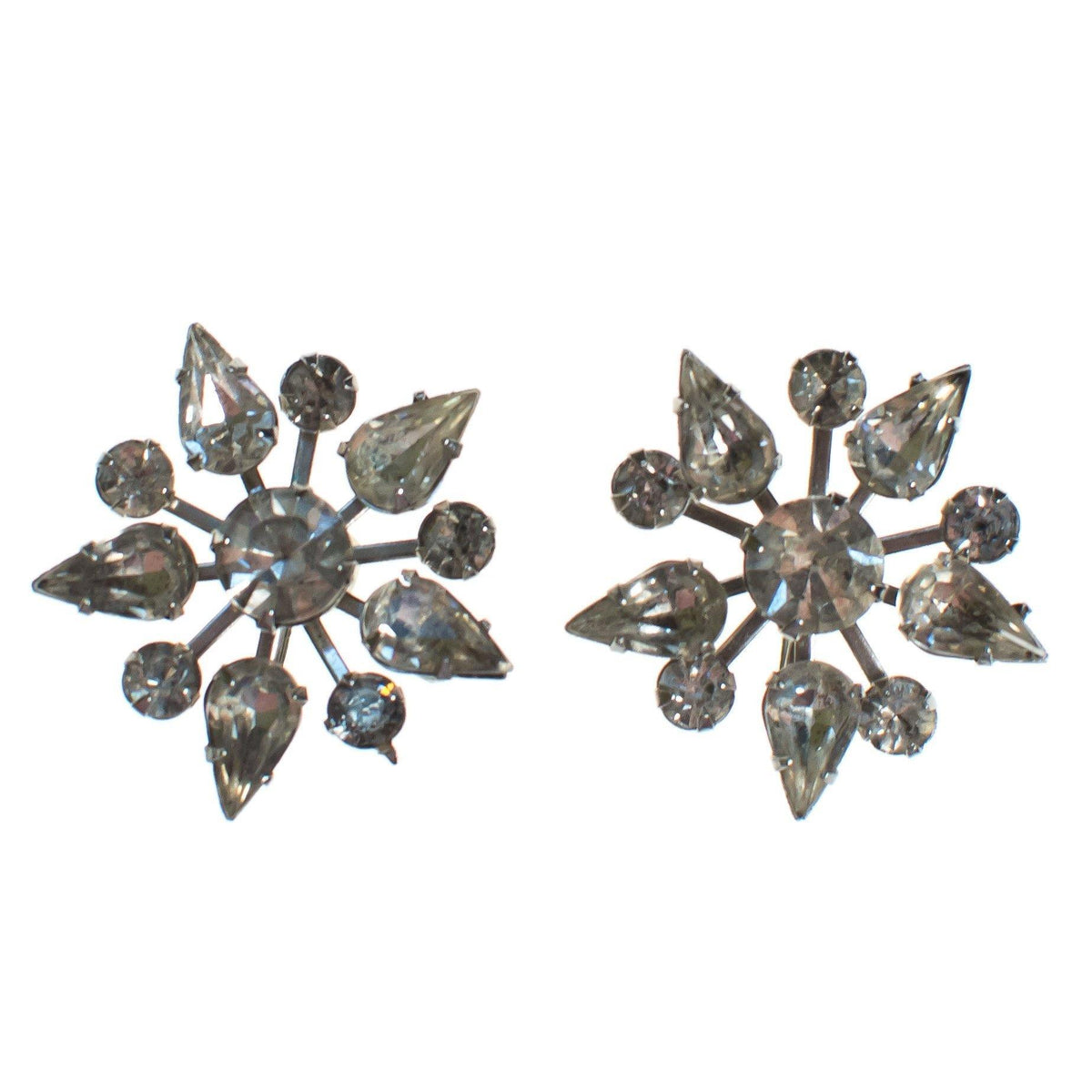Vintage Art Deco Diamante Crystal Rhinestone Snowflake Earrings, Silver Tone, Screw Back