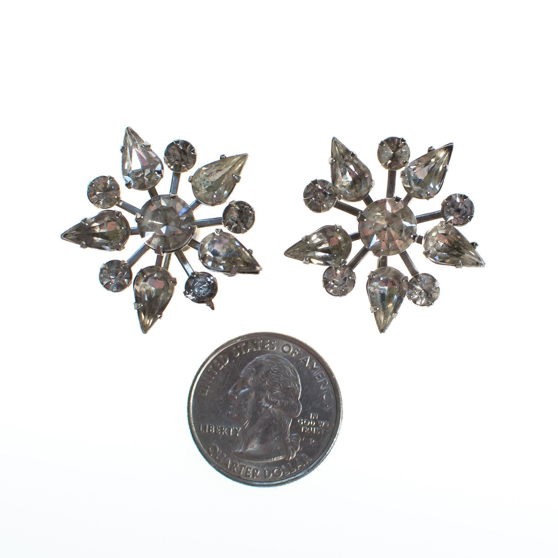 Vintage Art Deco Diamante Crystal Rhinestone Snowflake Earrings, Silver Tone, Screw Back by Art Deco - Vintage Meet Modern Vintage Jewelry - Chicago, Illinois - #oldhollywoodglamour #vintagemeetmodern #designervintage #jewelrybox #antiquejewelry #vintagejewelry
