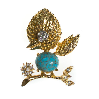 Vintage Mid Century Modern Bird on a Branch Brooch with Art Glass Turquoise and Rhinestones by 1960s - Vintage Meet Modern Vintage Jewelry - Chicago, Illinois - #oldhollywoodglamour #vintagemeetmodern #designervintage #jewelrybox #antiquejewelry #vintagejewelry