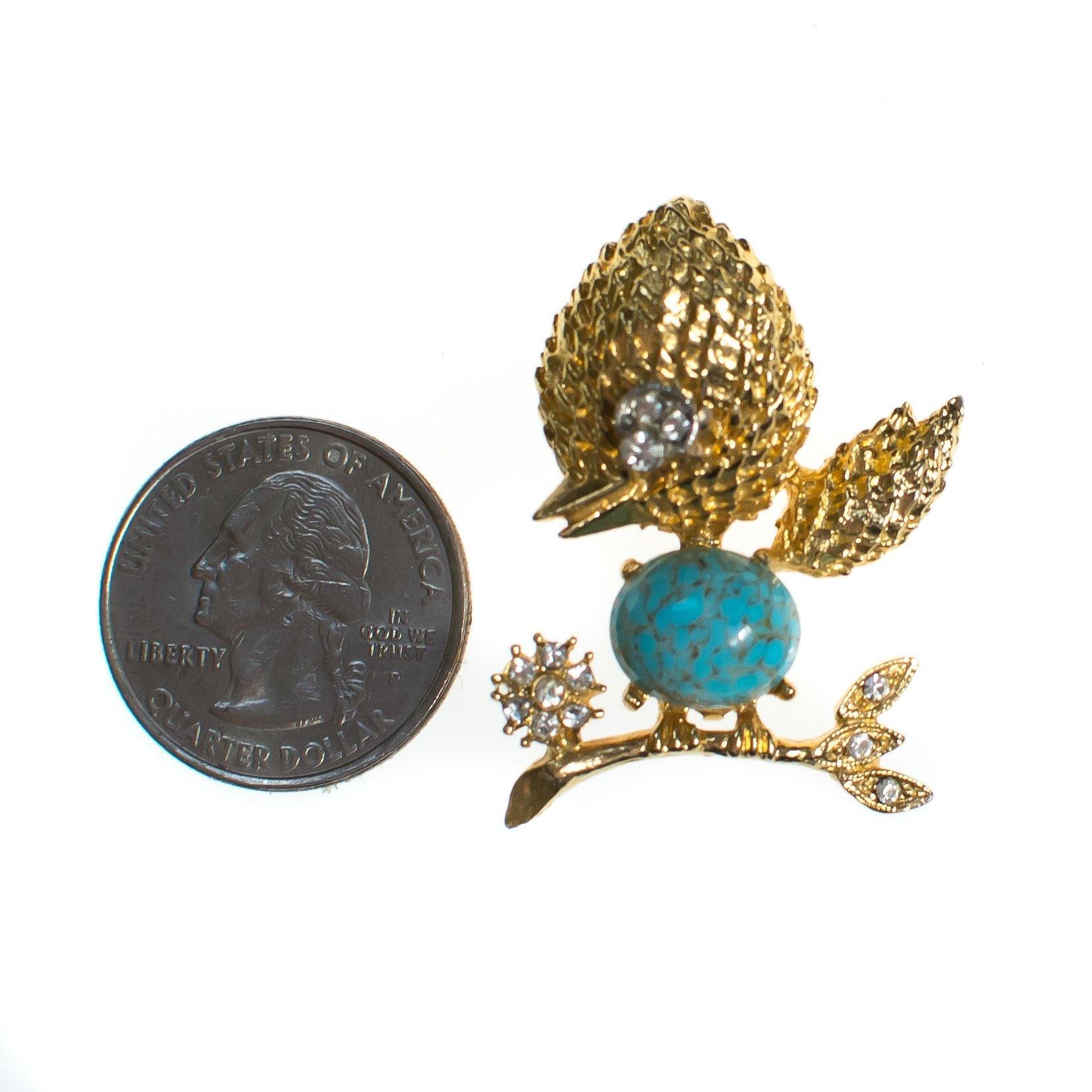 Vintage Mid Century Modern Bird on a Branch Brooch with Art Glass Turquoise and Rhinestones by 1960s - Vintage Meet Modern Vintage Jewelry - Chicago, Illinois - #oldhollywoodglamour #vintagemeetmodern #designervintage #jewelrybox #antiquejewelry #vintagejewelry