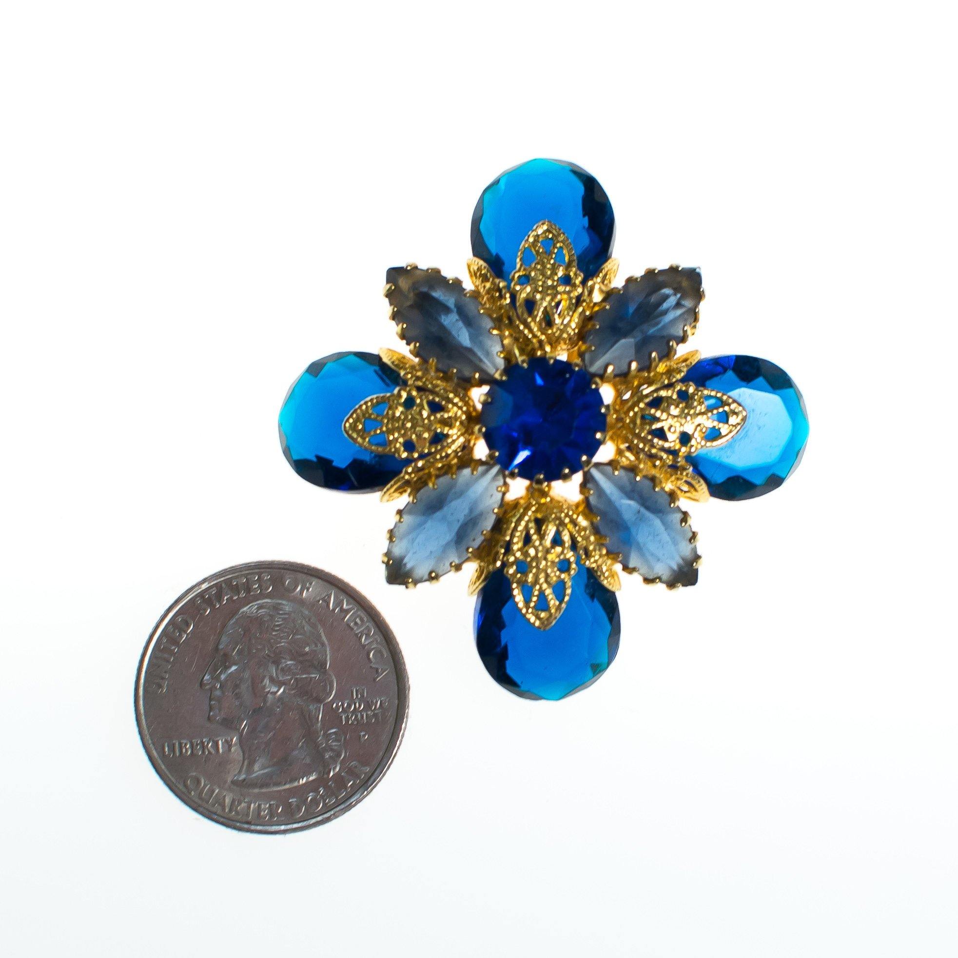 Vintage Blue Rhinestone Brooch, Gold Tone Brooch by 1960s - Vintage Meet Modern Vintage Jewelry - Chicago, Illinois - #oldhollywoodglamour #vintagemeetmodern #designervintage #jewelrybox #antiquejewelry #vintagejewelry