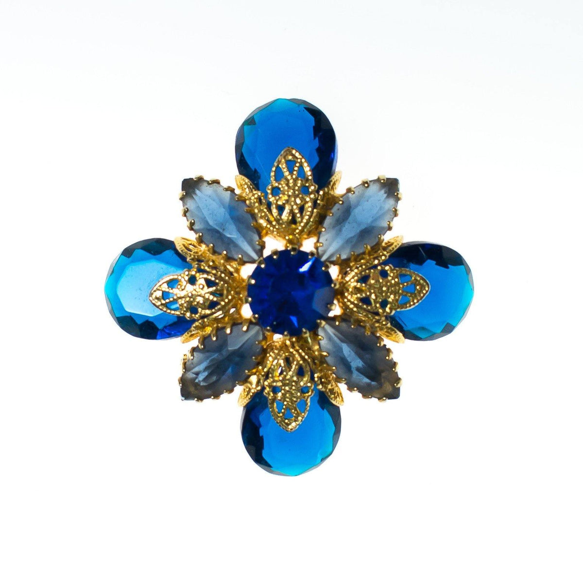 Vintage Blue Rhinestone Brooch, Gold Tone Brooch