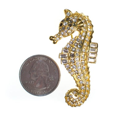 Vintage Nolan Miller Seahorse Brooch, Diamante Crystals, Gold Tone by Nolan Miller - Vintage Meet Modern Vintage Jewelry - Chicago, Illinois - #oldhollywoodglamour #vintagemeetmodern #designervintage #jewelrybox #antiquejewelry #vintagejewelry