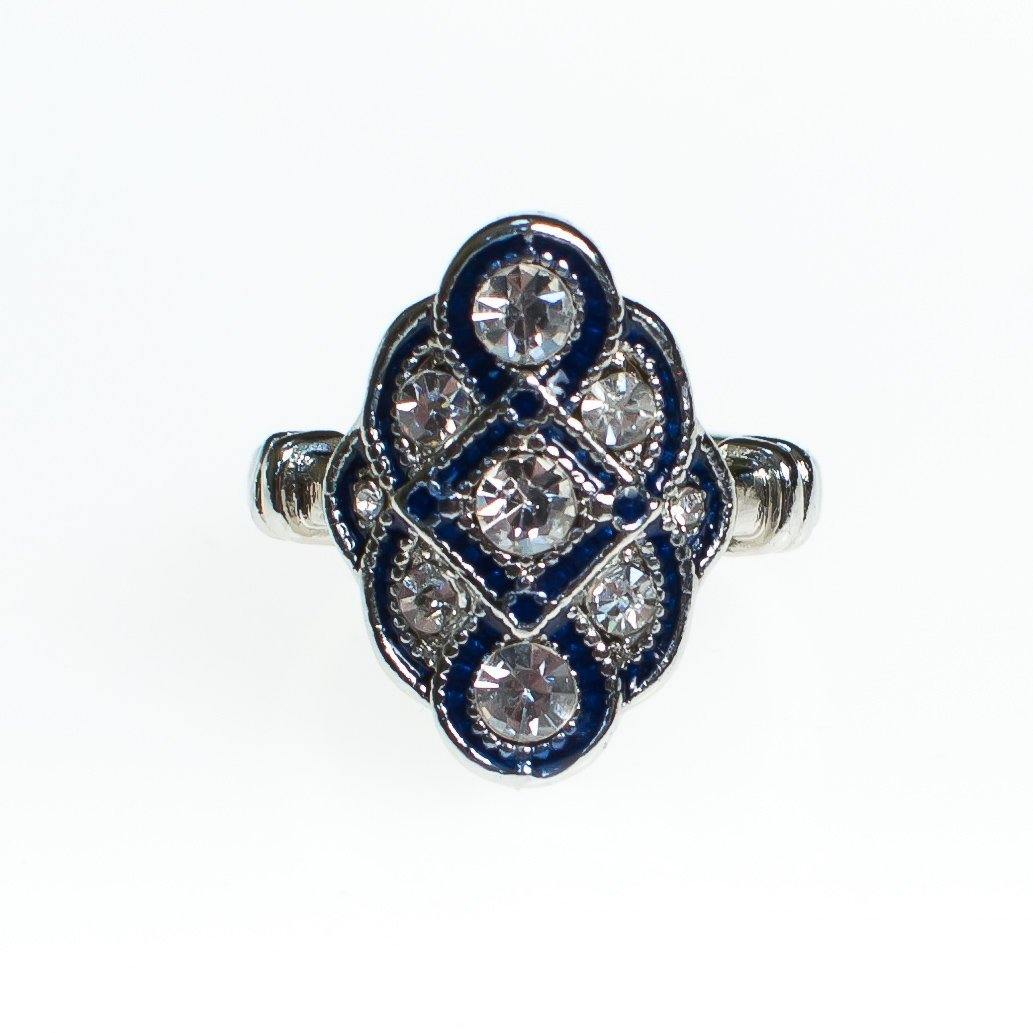 Vintage Art Deco Sapphire Enamel and Diamante Crystal Statement Ring Size 7