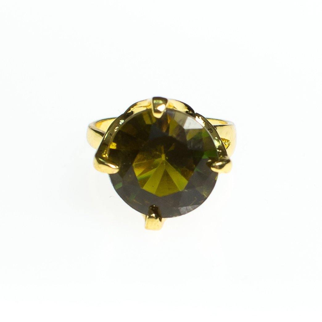 Vintage Olive Green Crystal Rhinestone Statement Ring, Gold Tone, Ring Size 9