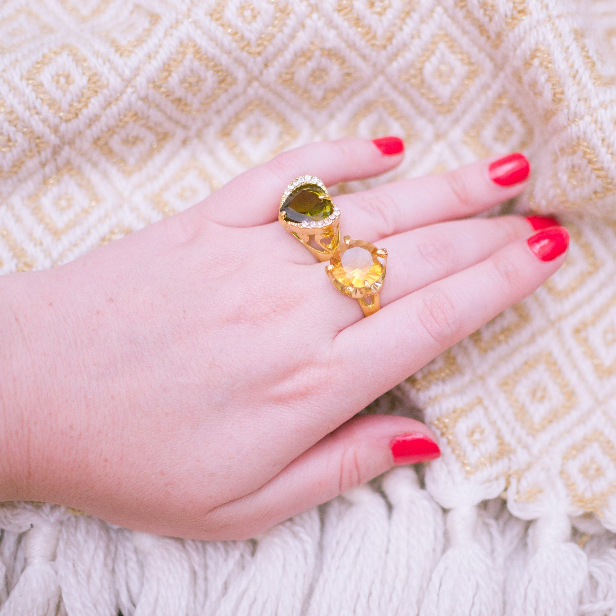 Vintage Olive Crystal Heart and Diamante Crystal Statement Ring Size 7.5 by 1980s - Vintage Meet Modern Vintage Jewelry - Chicago, Illinois - #oldhollywoodglamour #vintagemeetmodern #designervintage #jewelrybox #antiquejewelry #vintagejewelry