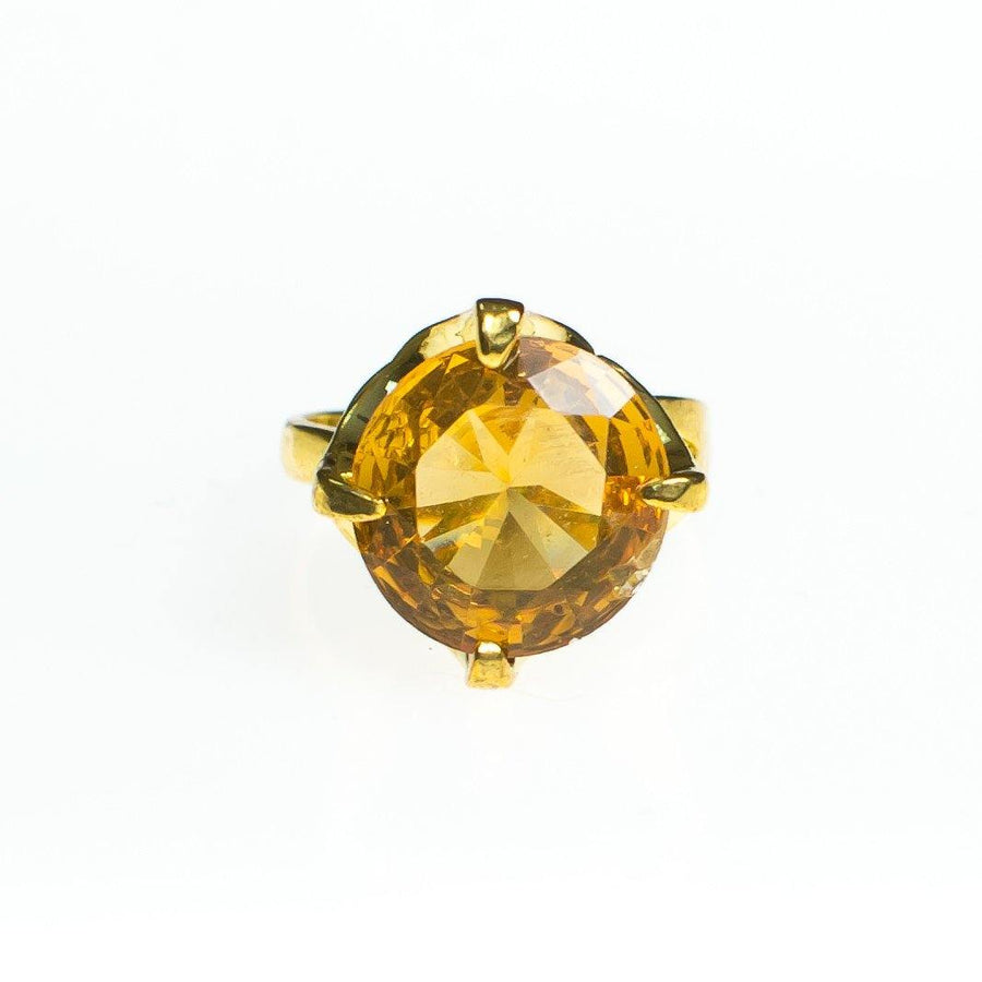 Vintage Yellow Citrine Crystal Caged Gold Statement Ring Size 8 by 1980s - Vintage Meet Modern Vintage Jewelry - Chicago, Illinois - #oldhollywoodglamour #vintagemeetmodern #designervintage #jewelrybox #antiquejewelry #vintagejewelry