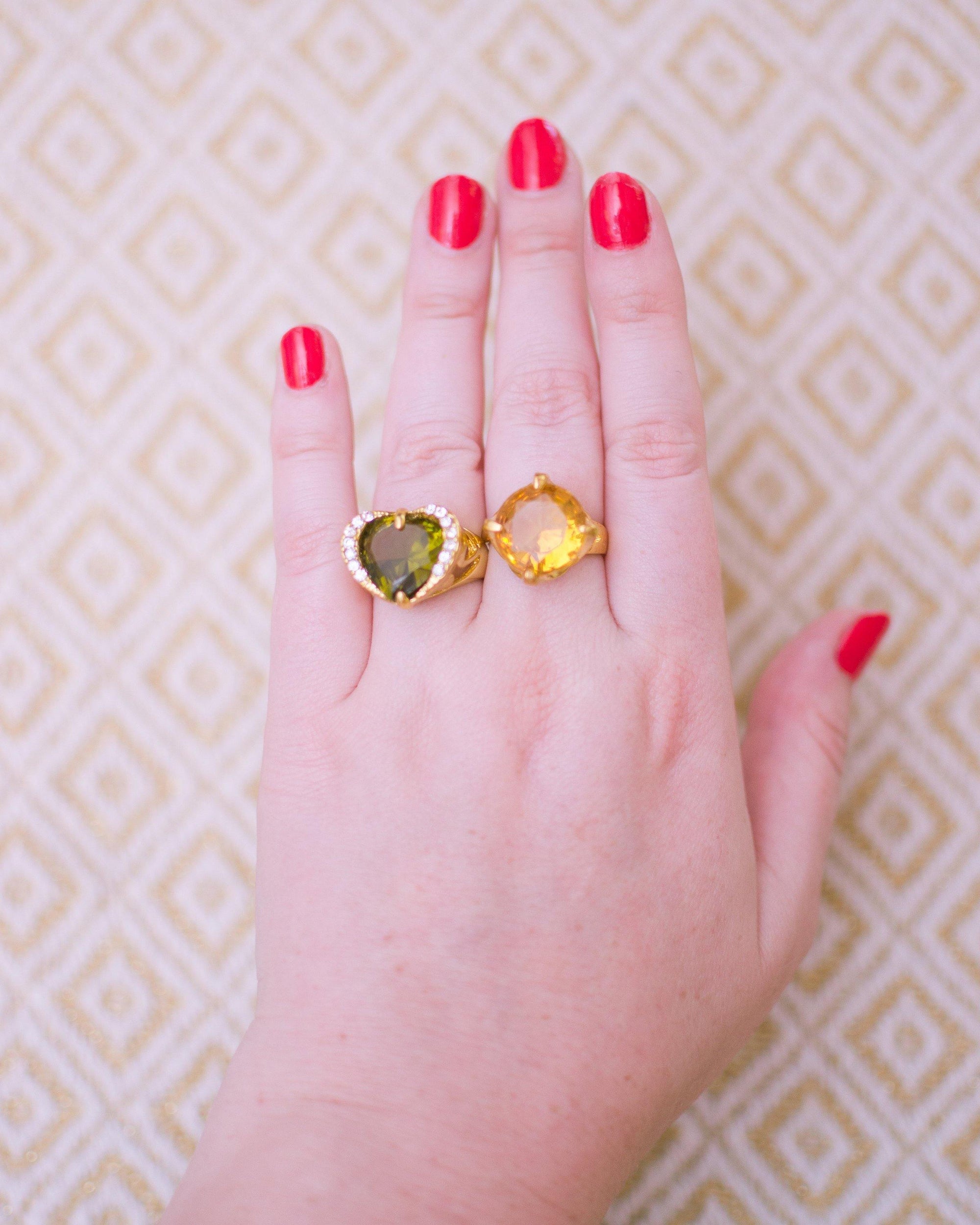 Vintage Yellow Citrine Crystal Caged Gold Statement Ring Size 8 by 1980s - Vintage Meet Modern Vintage Jewelry - Chicago, Illinois - #oldhollywoodglamour #vintagemeetmodern #designervintage #jewelrybox #antiquejewelry #vintagejewelry