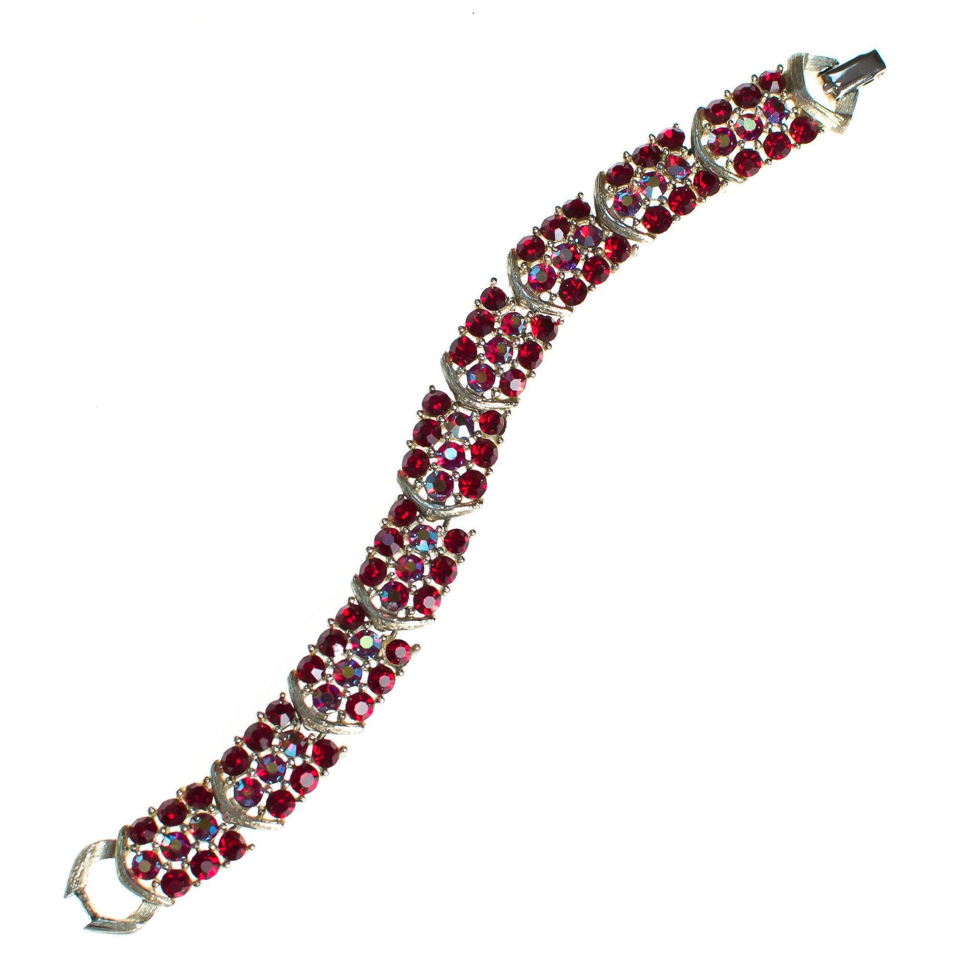 Vintage Lisner Red Aurora Borealis Carnival Glass Crystal Bracelet by Lisner - Vintage Meet Modern Vintage Jewelry - Chicago, Illinois - #oldhollywoodglamour #vintagemeetmodern #designervintage #jewelrybox #antiquejewelry #vintagejewelry