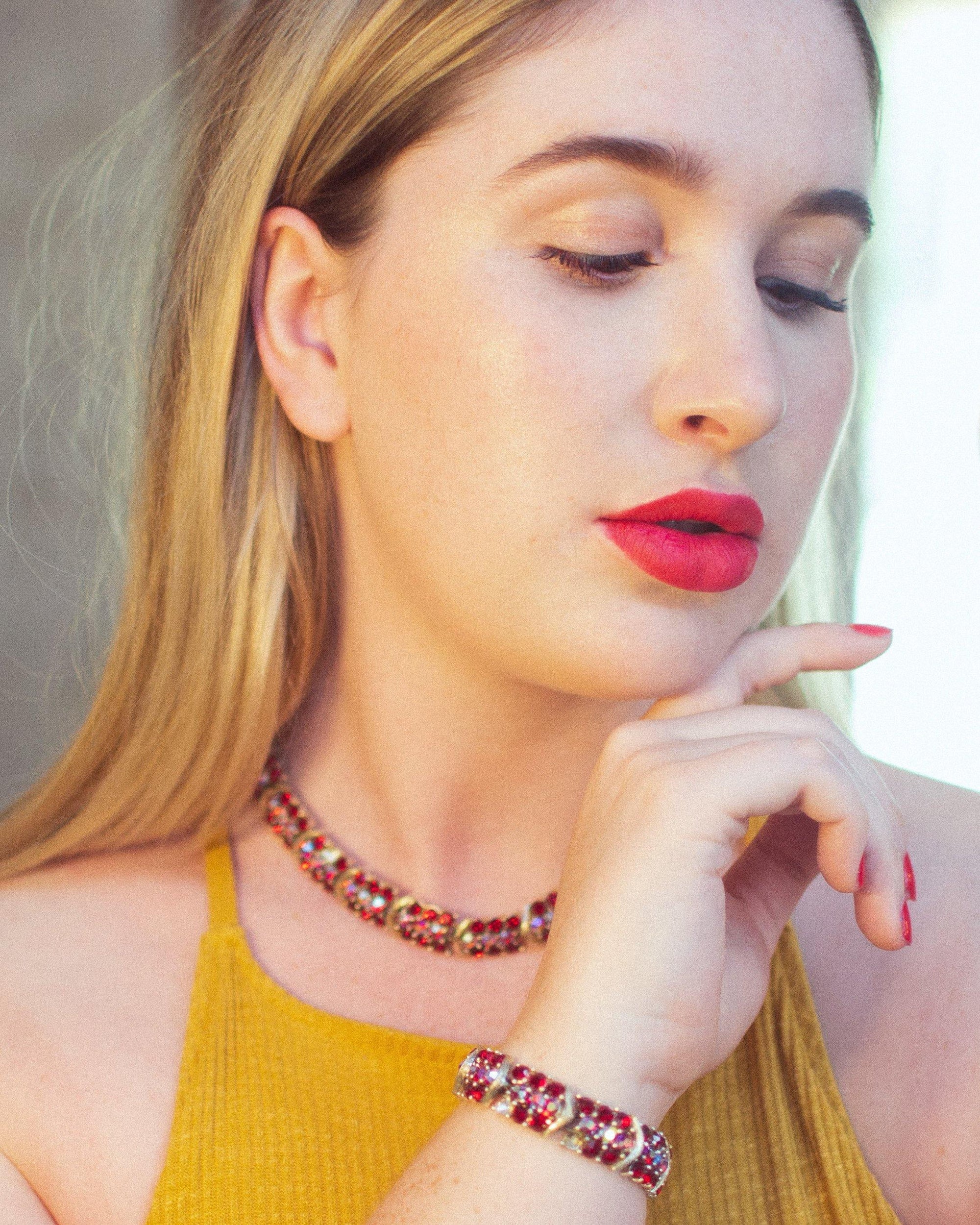 Vintage Lisner Red Aurora Borealis Carnival Glass Crystal Bracelet by Lisner - Vintage Meet Modern Vintage Jewelry - Chicago, Illinois - #oldhollywoodglamour #vintagemeetmodern #designervintage #jewelrybox #antiquejewelry #vintagejewelry