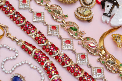 Vintage Lisner Red Aurora Borealis Carnival Glass Crystal Bracelet by Lisner - Vintage Meet Modern Vintage Jewelry - Chicago, Illinois - #oldhollywoodglamour #vintagemeetmodern #designervintage #jewelrybox #antiquejewelry #vintagejewelry