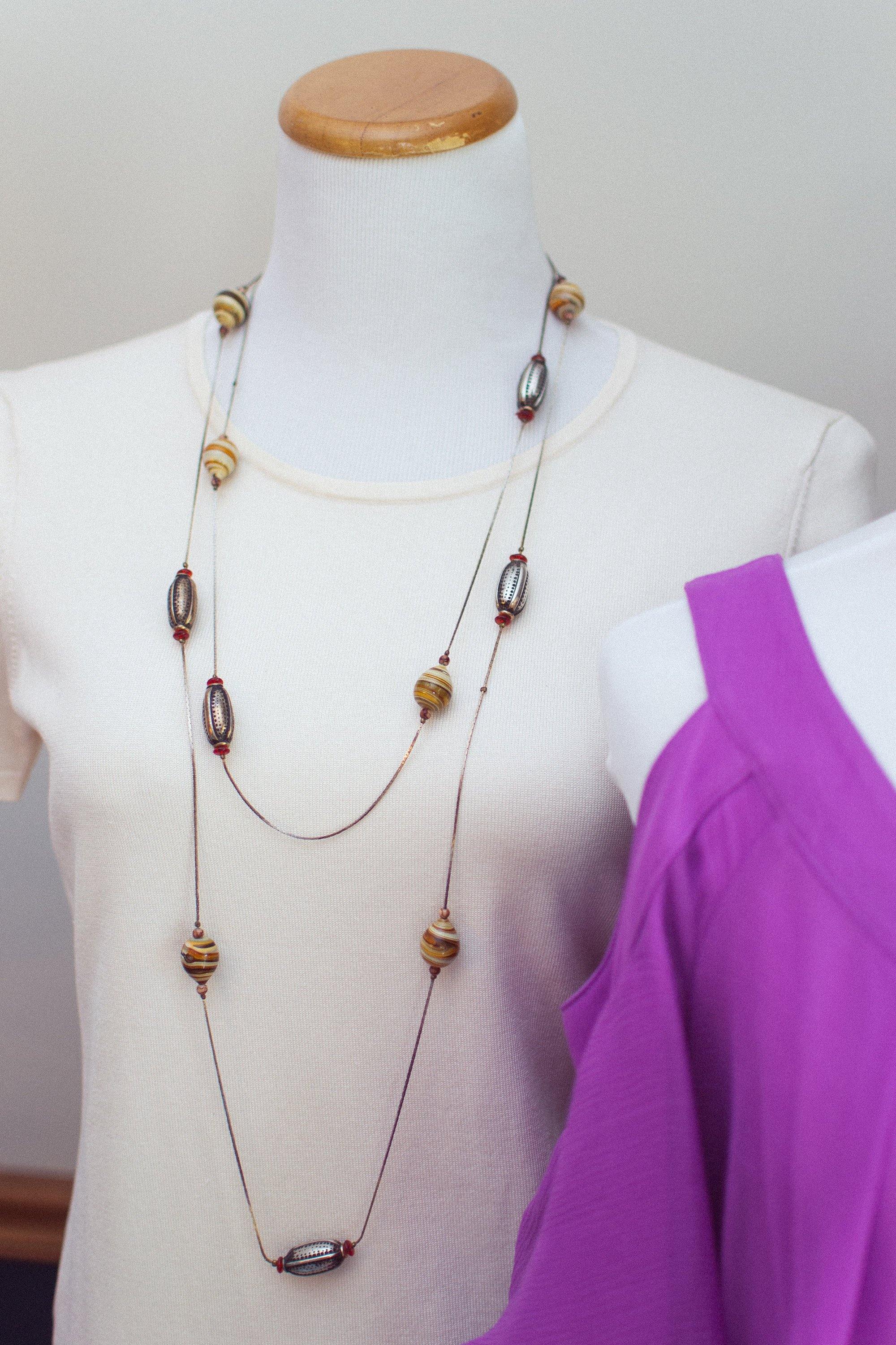 Vintage Sautoir Length Silver Necklace with Blown Glass Beads in Earth Tones by 1980s - Vintage Meet Modern Vintage Jewelry - Chicago, Illinois - #oldhollywoodglamour #vintagemeetmodern #designervintage #jewelrybox #antiquejewelry #vintagejewelry