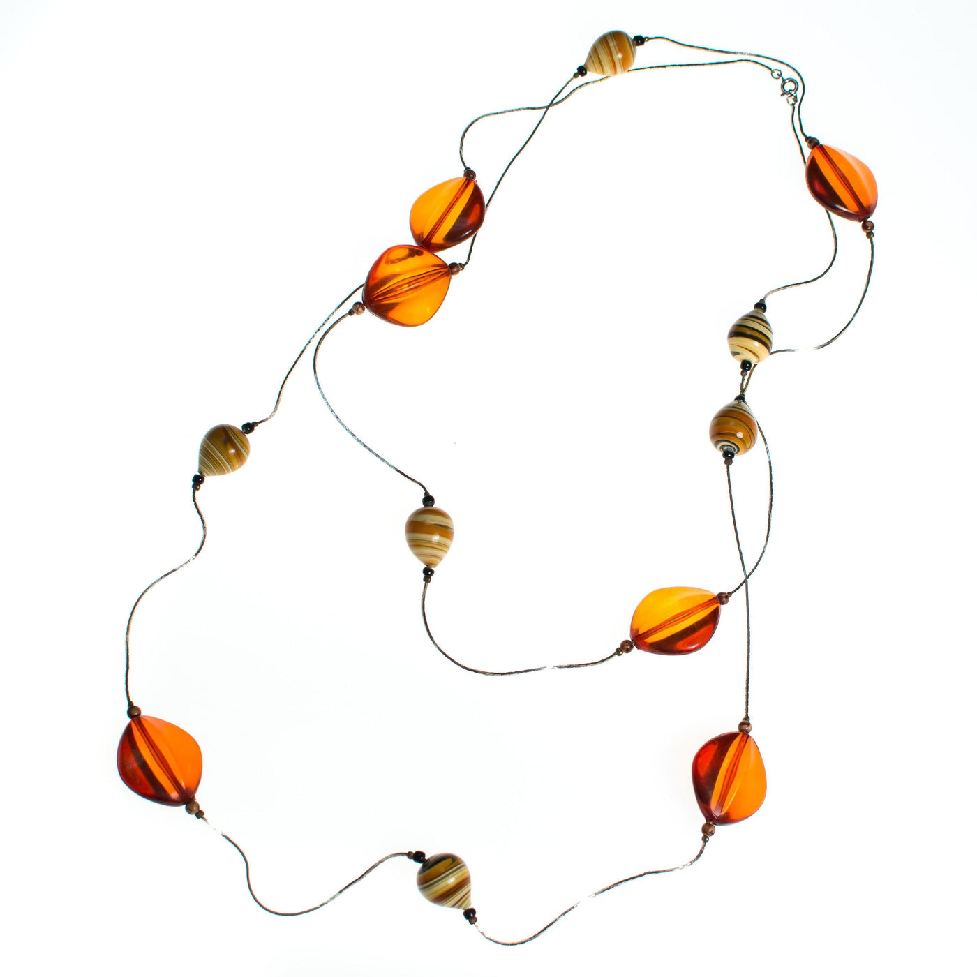 Vintage Sautoir Hand Blown Amber Glass Long Silver Necklace