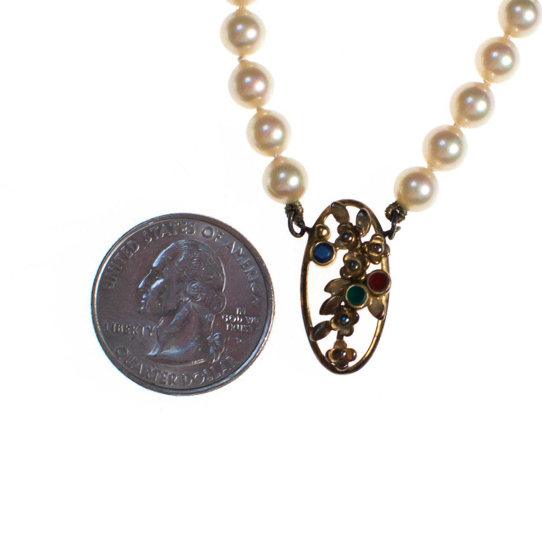Vintage Faux Pearl Necklace with Sterling Silver Floral Pendant with Garnet, Lapis, and Green Tourmaline by Pearls - Vintage Meet Modern Vintage Jewelry - Chicago, Illinois - #oldhollywoodglamour #vintagemeetmodern #designervintage #jewelrybox #antiquejewelry #vintagejewelry