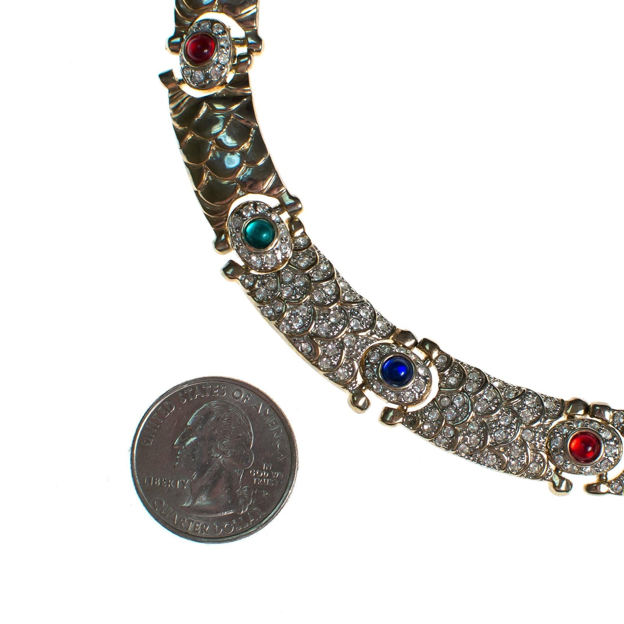 Vintage 1980s Art Deco Style Collar Necklace with Jewel Tone Cabochons and Diamante Crystal Rhinestones by 1980s - Vintage Meet Modern Vintage Jewelry - Chicago, Illinois - #oldhollywoodglamour #vintagemeetmodern #designervintage #jewelrybox #antiquejewelry #vintagejewelry