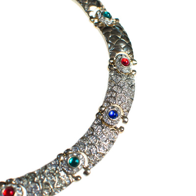 Vintage 1980s Art Deco Style Collar Necklace with Jewel Tone Cabochons and Diamante Crystal Rhinestones by 1980s - Vintage Meet Modern Vintage Jewelry - Chicago, Illinois - #oldhollywoodglamour #vintagemeetmodern #designervintage #jewelrybox #antiquejewelry #vintagejewelry
