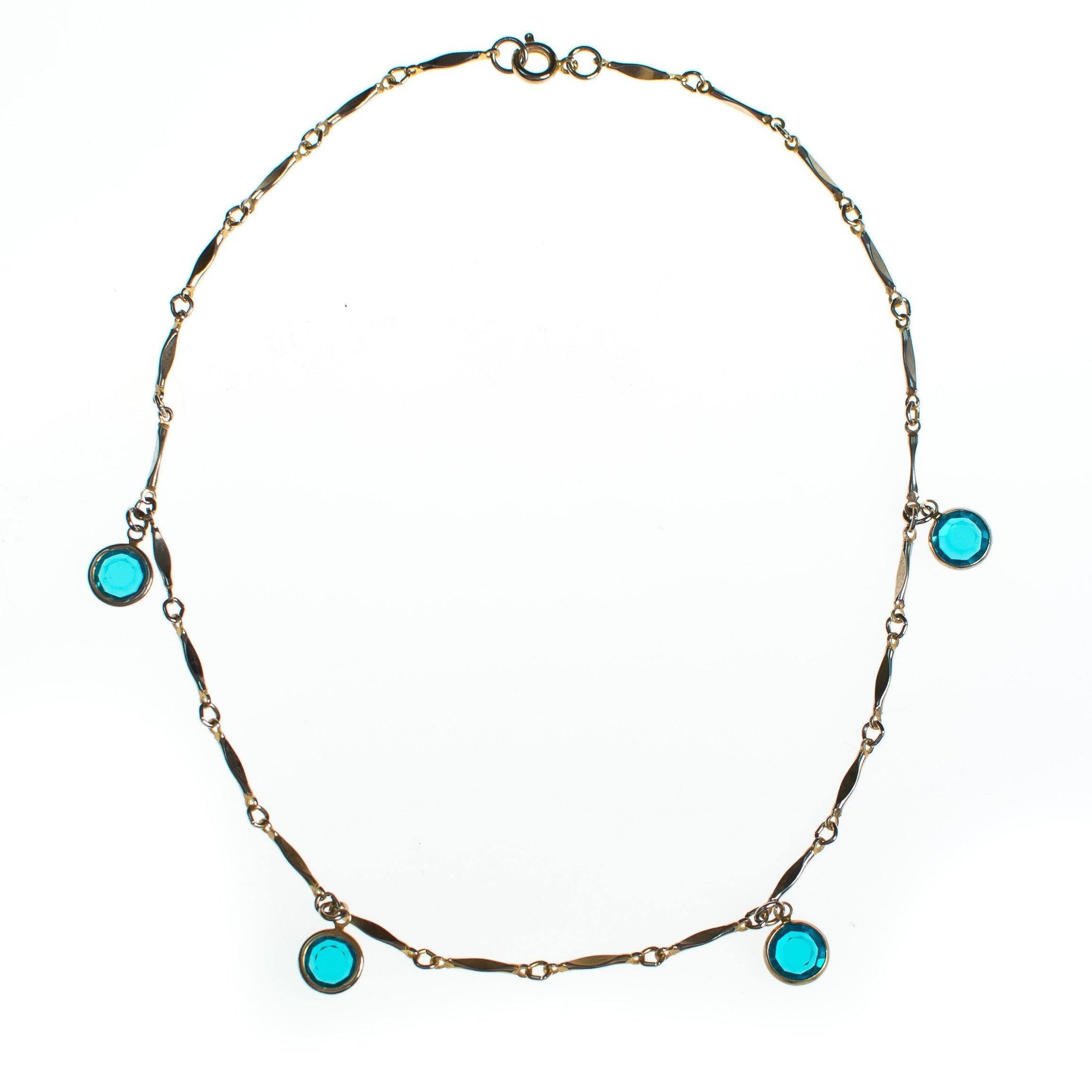 Vintage Silver Necklace with Aqua Bezel Crystal Charms by 1970s - Vintage Meet Modern Vintage Jewelry - Chicago, Illinois - #oldhollywoodglamour #vintagemeetmodern #designervintage #jewelrybox #antiquejewelry #vintagejewelry