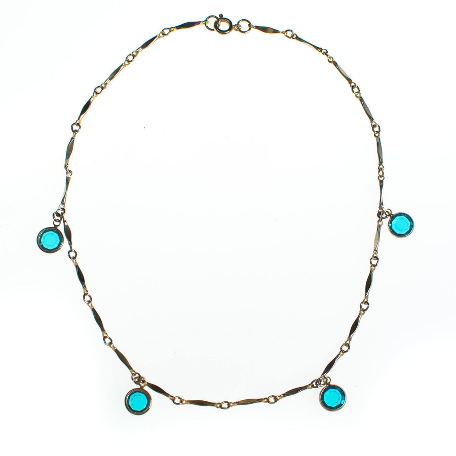Vintage Silver Necklace with Aqua Bezel Crystal Charms by 1970s - Vintage Meet Modern Vintage Jewelry - Chicago, Illinois - #oldhollywoodglamour #vintagemeetmodern #designervintage #jewelrybox #antiquejewelry #vintagejewelry