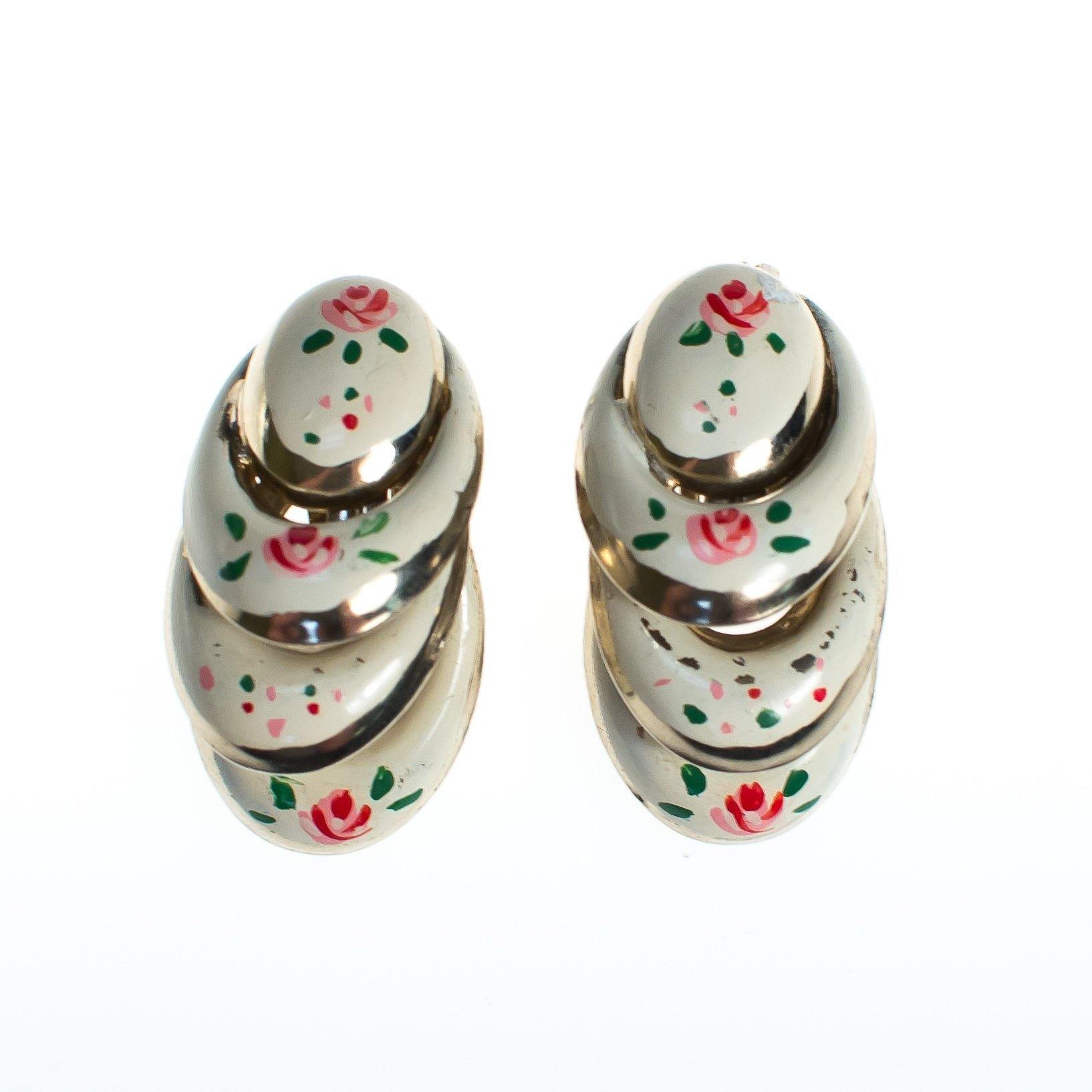 Vintage Hand Painted Pink Flower and White Enamel Dangle Earrings, Silver Tone, Clip-on by 1960s - Vintage Meet Modern Vintage Jewelry - Chicago, Illinois - #oldhollywoodglamour #vintagemeetmodern #designervintage #jewelrybox #antiquejewelry #vintagejewelry