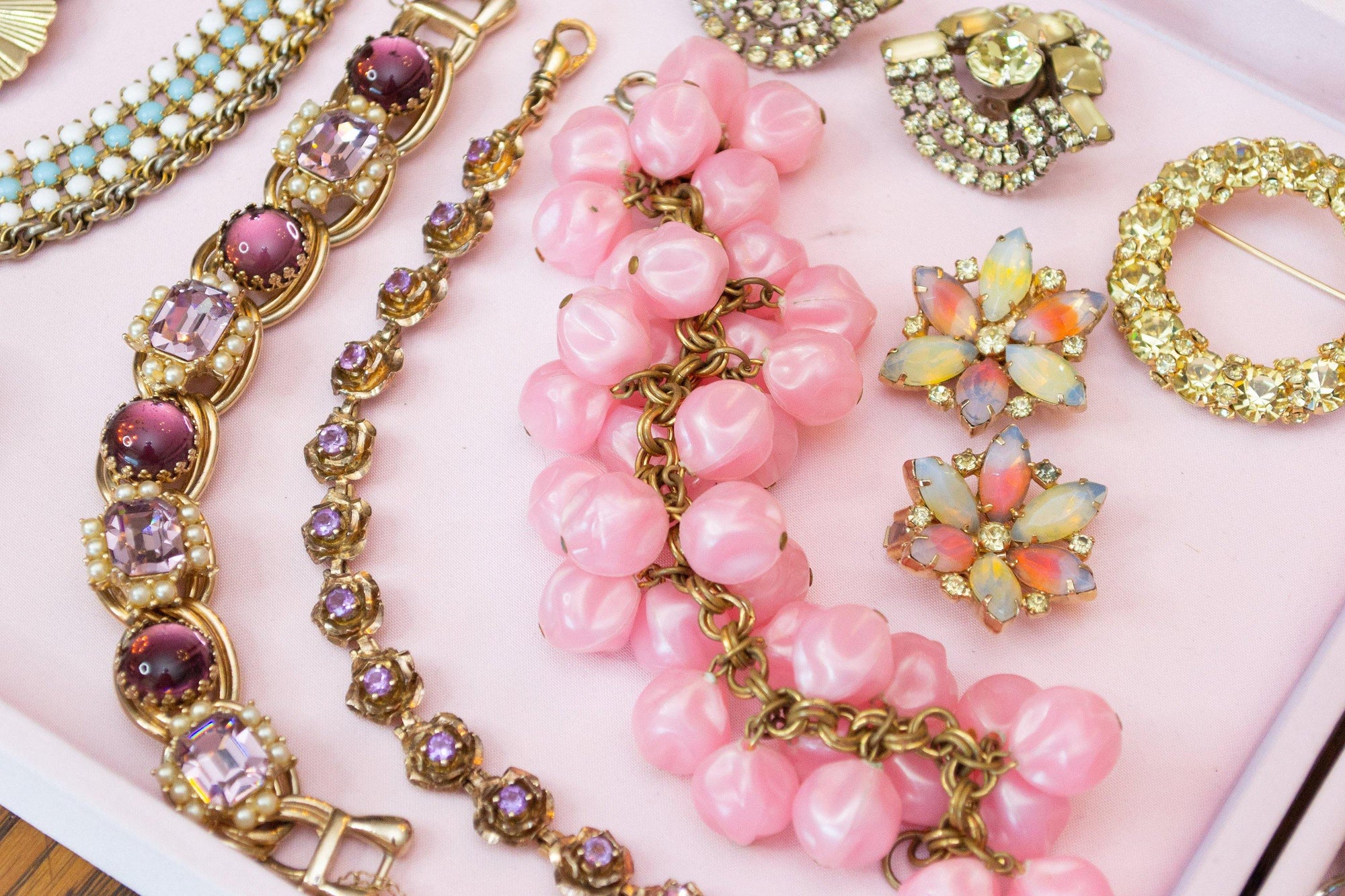 Vintage Kramer Earrings, Pink and Yellow Rhinestones, Diamante Crystals, Gold Tone, Clip-on by Kramer - Vintage Meet Modern Vintage Jewelry - Chicago, Illinois - #oldhollywoodglamour #vintagemeetmodern #designervintage #jewelrybox #antiquejewelry #vintagejewelry