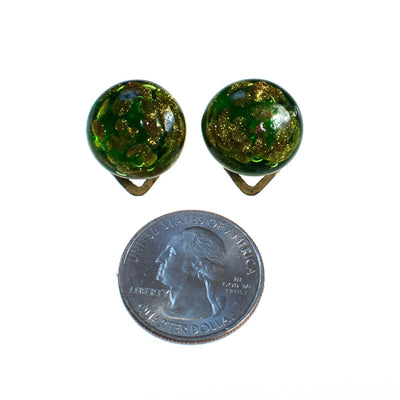 Vintage Green and Gold Venetian Glass Earrings, Gold Tone, Clip-on by 1940s - Vintage Meet Modern Vintage Jewelry - Chicago, Illinois - #oldhollywoodglamour #vintagemeetmodern #designervintage #jewelrybox #antiquejewelry #vintagejewelry