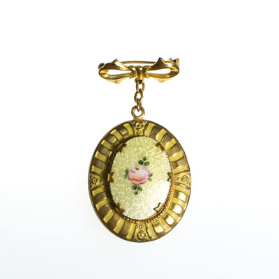 Vintage Guilloche Brooch, Etched Enamel Yellow Pink Rose, Locket, Gold Tone by 1960s - Vintage Meet Modern Vintage Jewelry - Chicago, Illinois - #oldhollywoodglamour #vintagemeetmodern #designervintage #jewelrybox #antiquejewelry #vintagejewelry