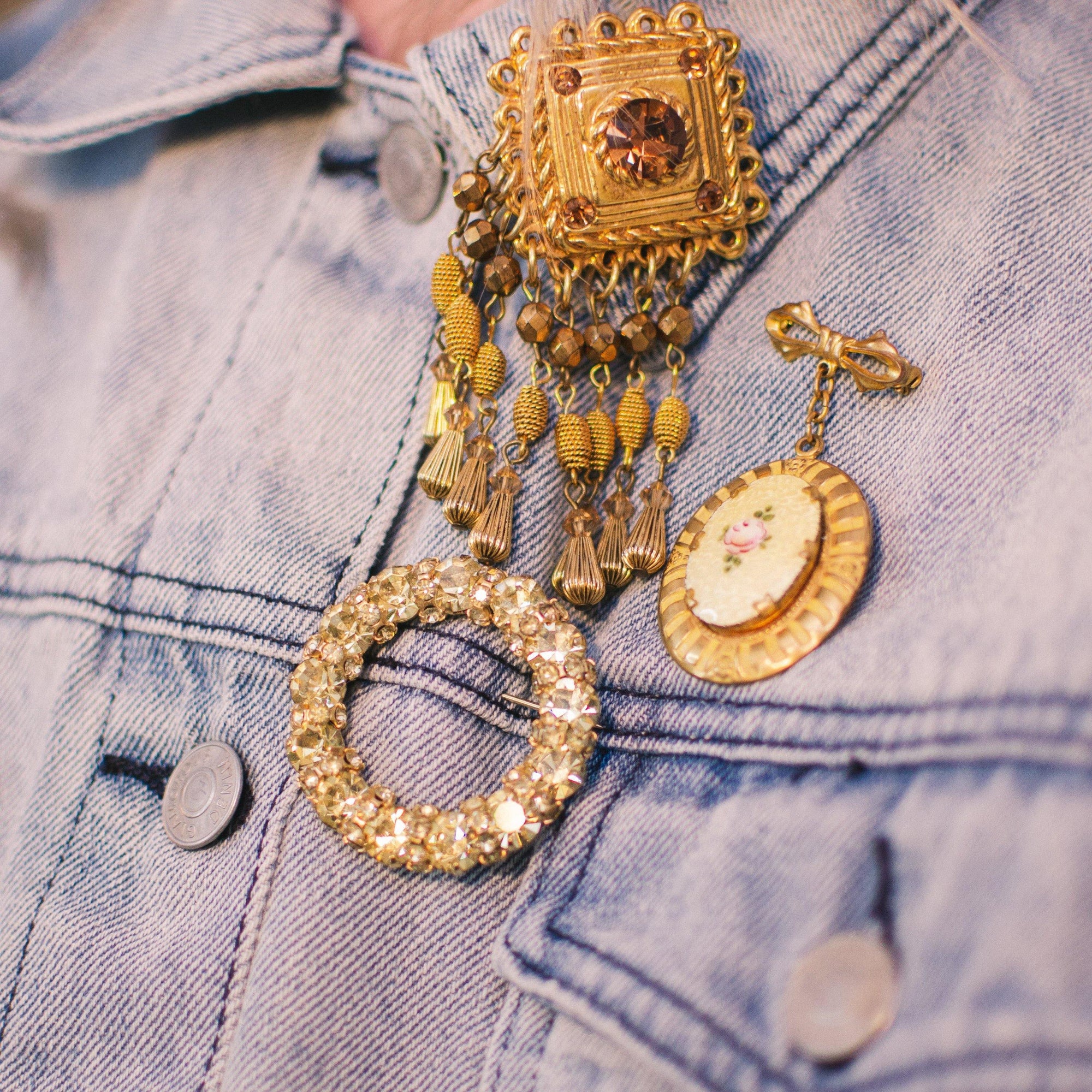 Vintage Guilloche Brooch, Etched Enamel Yellow Pink Rose, Locket, Gold Tone by 1960s - Vintage Meet Modern Vintage Jewelry - Chicago, Illinois - #oldhollywoodglamour #vintagemeetmodern #designervintage #jewelrybox #antiquejewelry #vintagejewelry