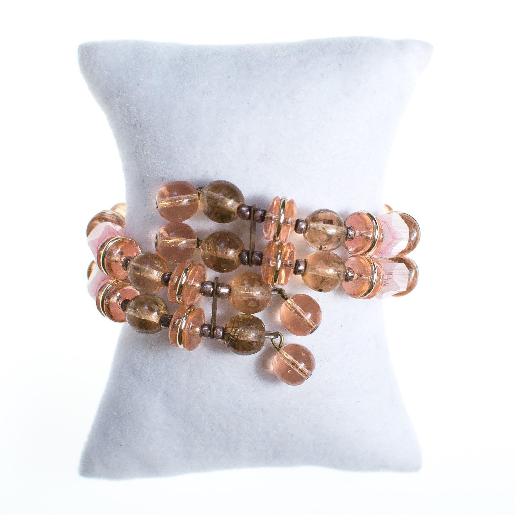 Vintage West Germany Pink and Smoke Glass Bead Memory Wire Coiled Bracelet by 1950s - Vintage Meet Modern Vintage Jewelry - Chicago, Illinois - #oldhollywoodglamour #vintagemeetmodern #designervintage #jewelrybox #antiquejewelry #vintagejewelry