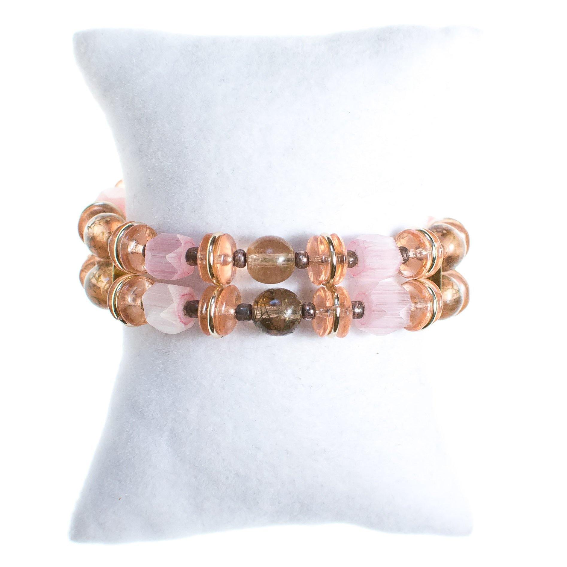 Vintage West Germany Pink and Smoke Glass Bead Memory Wire Coiled Bracelet by 1950s - Vintage Meet Modern Vintage Jewelry - Chicago, Illinois - #oldhollywoodglamour #vintagemeetmodern #designervintage #jewelrybox #antiquejewelry #vintagejewelry