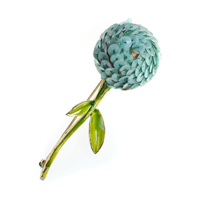 Vintage Flower Brooch, Light Blue Sequin Flower, Green Hand Painted Stem, Gold Tone, Brooches and Pins by 1950s - Vintage Meet Modern Vintage Jewelry - Chicago, Illinois - #oldhollywoodglamour #vintagemeetmodern #designervintage #jewelrybox #antiquejewelry #vintagejewelry
