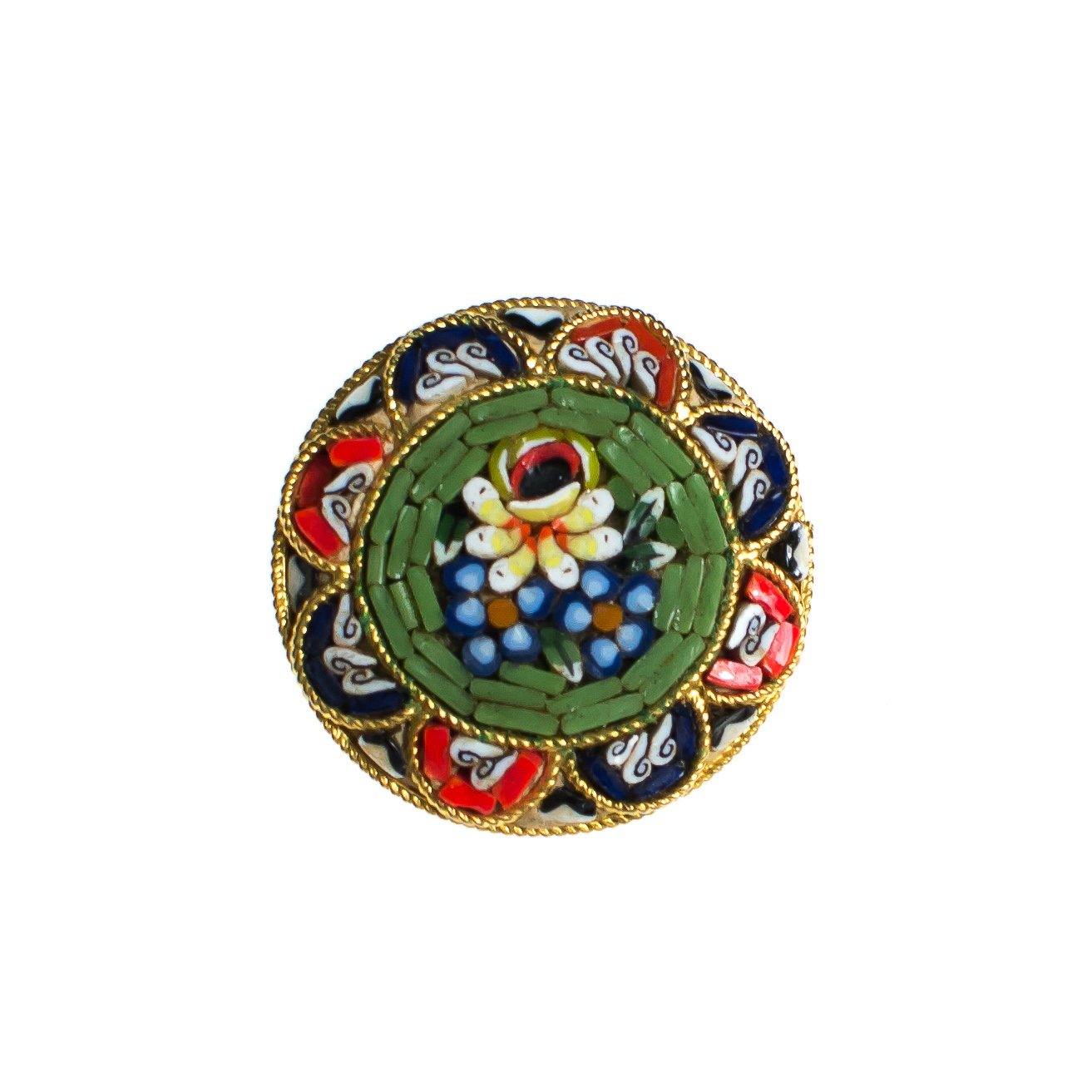 Vintage Round Mosaic Flower Brooch, Made in Italy, Red, Yellow, Green, Blue, and White Flower Mosaic, Gold Tone Setting, Brooches and Pins by Made in Italy - Vintage Meet Modern Vintage Jewelry - Chicago, Illinois - #oldhollywoodglamour #vintagemeetmodern #designervintage #jewelrybox #antiquejewelry #vintagejewelry