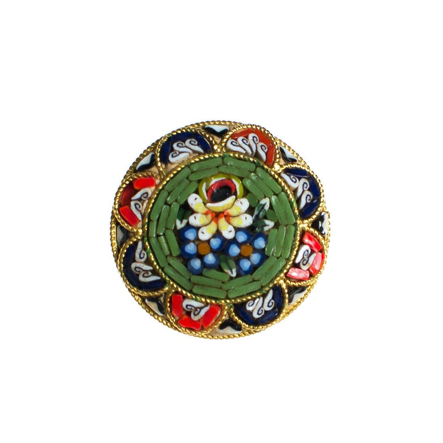 Vintage Round Mosaic Flower Brooch, Made in Italy, Red, Yellow, Green, Blue, and White Flower Mosaic, Gold Tone Setting, Brooches and Pins by Made in Italy - Vintage Meet Modern Vintage Jewelry - Chicago, Illinois - #oldhollywoodglamour #vintagemeetmodern #designervintage #jewelrybox #antiquejewelry #vintagejewelry
