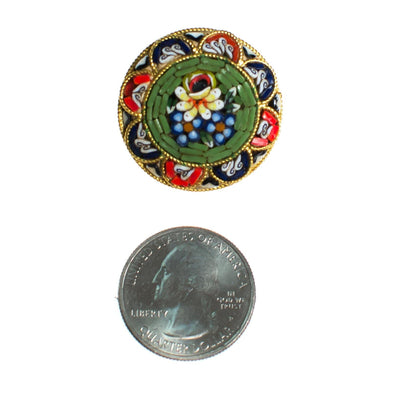 Vintage Round Mosaic Flower Brooch, Made in Italy, Red, Yellow, Green, Blue, and White Flower Mosaic, Gold Tone Setting, Brooches and Pins by Made in Italy - Vintage Meet Modern Vintage Jewelry - Chicago, Illinois - #oldhollywoodglamour #vintagemeetmodern #designervintage #jewelrybox #antiquejewelry #vintagejewelry