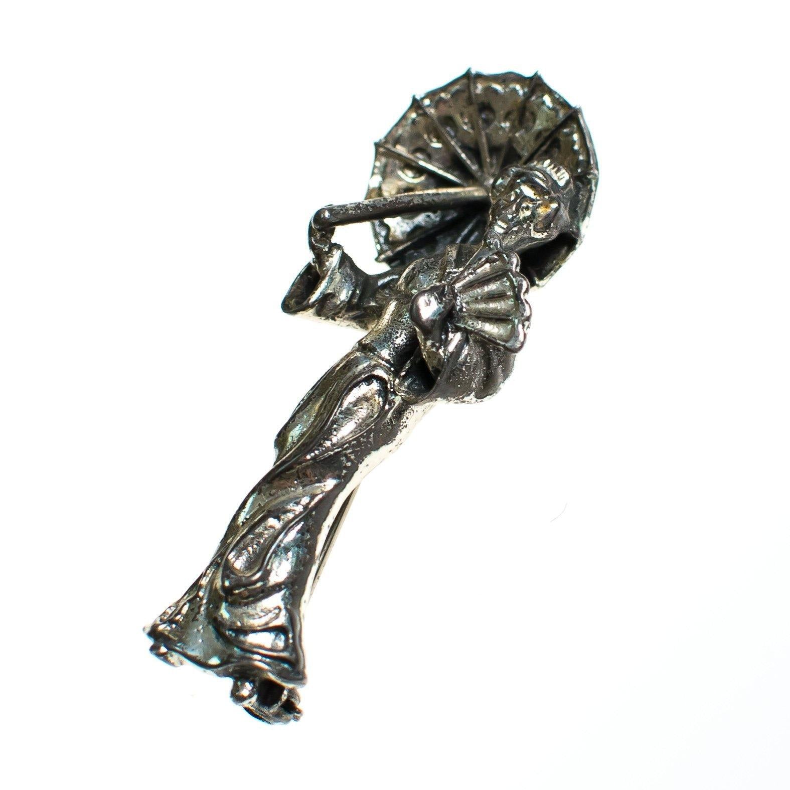 Vintage Sterling Silver Geisha with Parasol  Umbrella Brooch, Asian Woman, Fan and Umbrella, Brooches and Pins by Sterling Silver - Vintage Meet Modern Vintage Jewelry - Chicago, Illinois - #oldhollywoodglamour #vintagemeetmodern #designervintage #jewelrybox #antiquejewelry #vintagejewelry