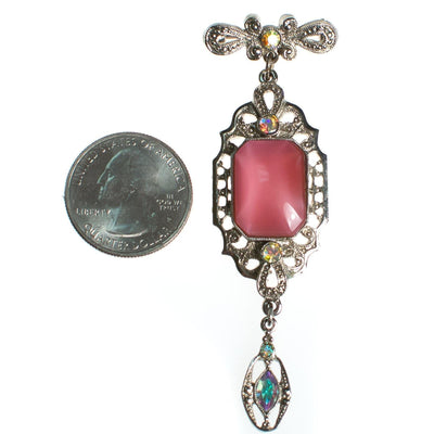 Vintage Victorian Revival Pink Dangling Charm Brooch in Silver Tone by 1980s - Vintage Meet Modern Vintage Jewelry - Chicago, Illinois - #oldhollywoodglamour #vintagemeetmodern #designervintage #jewelrybox #antiquejewelry #vintagejewelry