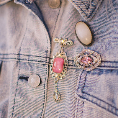 Vintage Victorian Revival Pink Dangling Charm Brooch in Silver Tone by 1980s - Vintage Meet Modern Vintage Jewelry - Chicago, Illinois - #oldhollywoodglamour #vintagemeetmodern #designervintage #jewelrybox #antiquejewelry #vintagejewelry