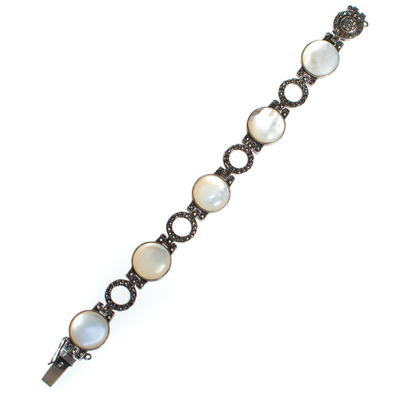 Vintage Mother of Pearl Disc and Marcasite Sterling Silver Bracelet