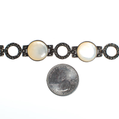 Vintage Mother of Pearl Disc and Marcasite Sterling Silver Bracelet by Sterling Silver - Vintage Meet Modern Vintage Jewelry - Chicago, Illinois - #oldhollywoodglamour #vintagemeetmodern #designervintage #jewelrybox #antiquejewelry #vintagejewelry