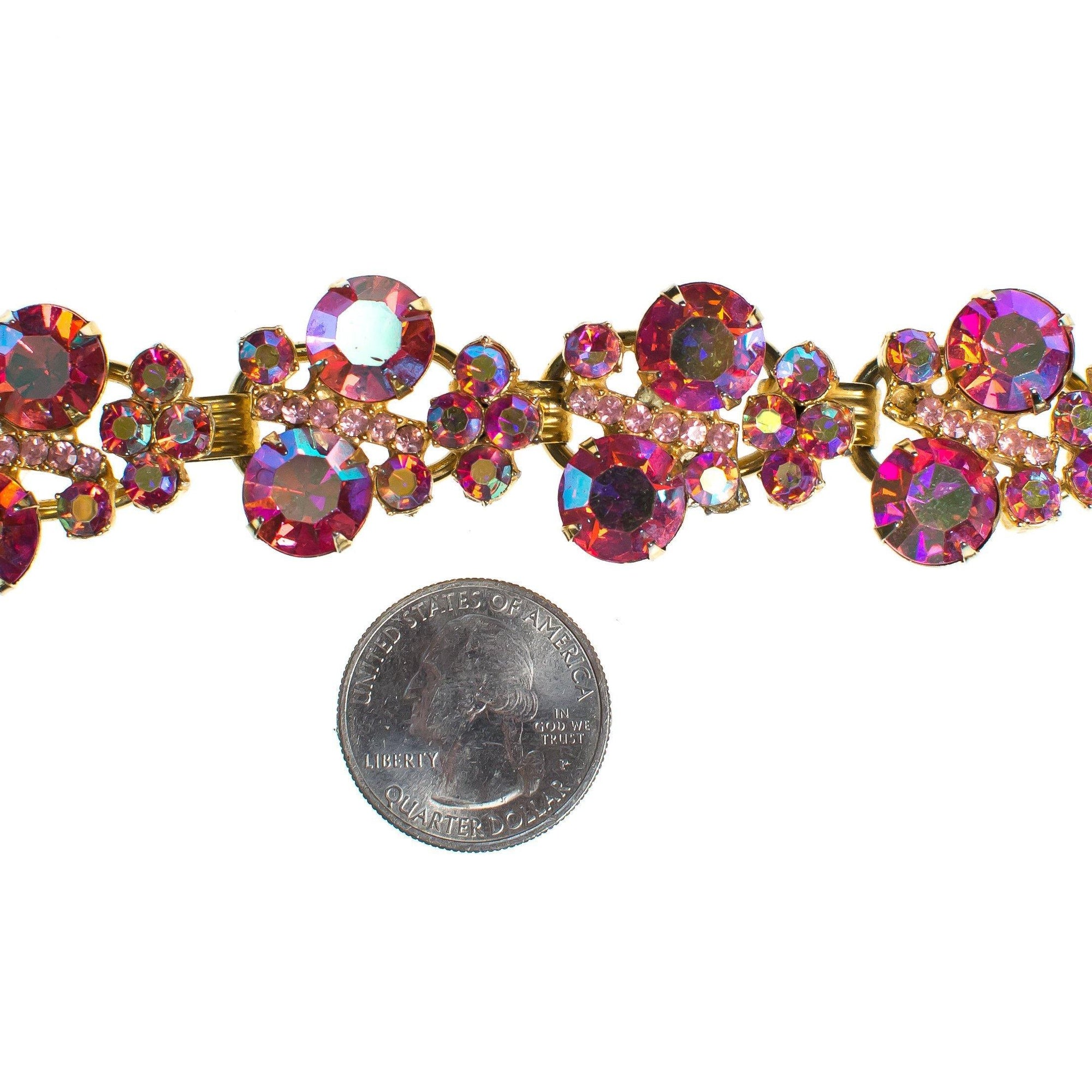 Vintage Juliana Pink Rhinestone Bracelet, Gold Tone Bracelet, Fold Over Box Clasp, Safety Clasp by Juliana - Vintage Meet Modern Vintage Jewelry - Chicago, Illinois - #oldhollywoodglamour #vintagemeetmodern #designervintage #jewelrybox #antiquejewelry #vintagejewelry