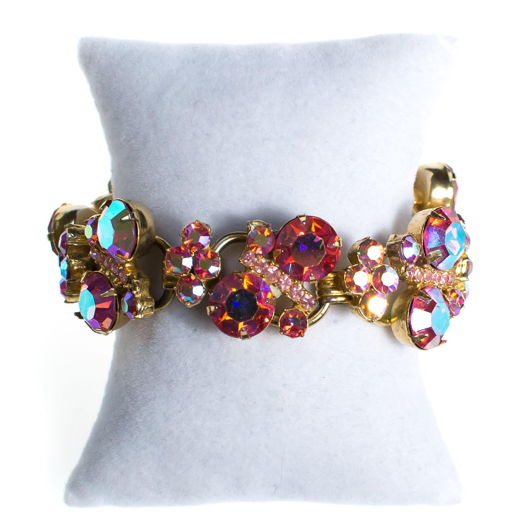 Vintage Juliana Pink Rhinestone Bracelet, Gold Tone Bracelet, Fold Over Box Clasp, Safety Clasp by Juliana - Vintage Meet Modern Vintage Jewelry - Chicago, Illinois - #oldhollywoodglamour #vintagemeetmodern #designervintage #jewelrybox #antiquejewelry #vintagejewelry