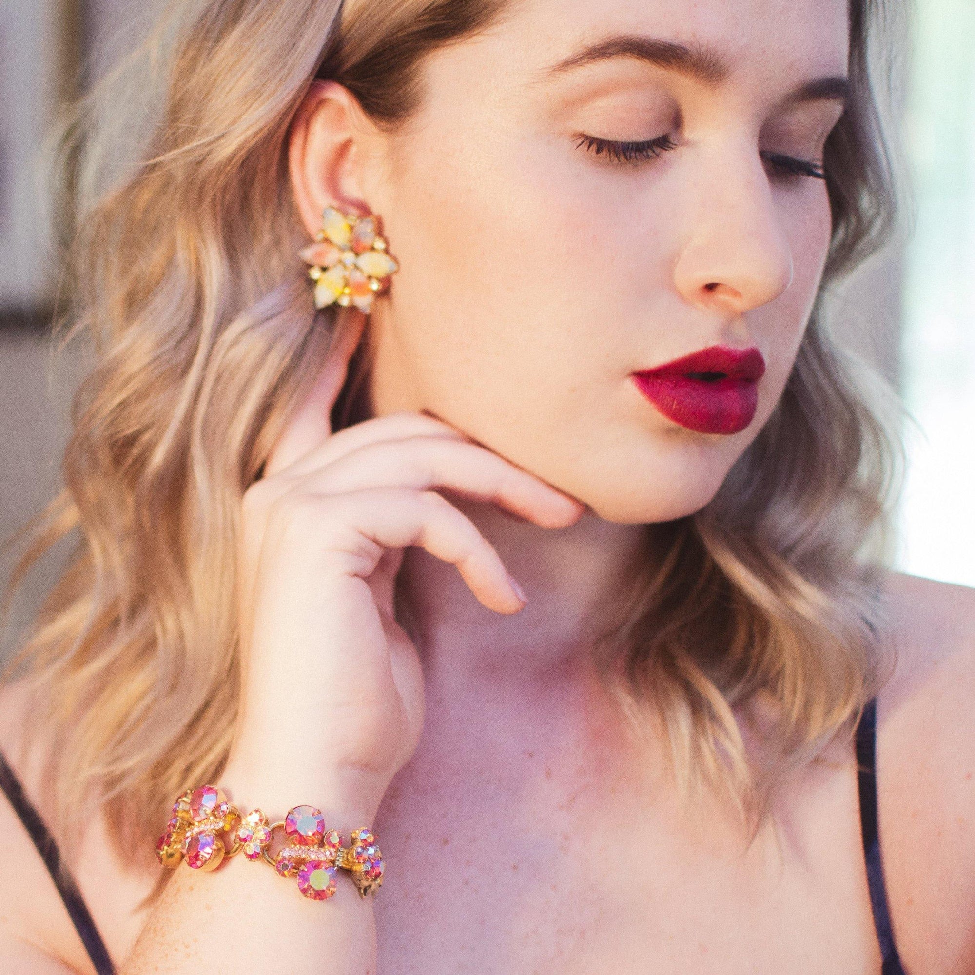 Vintage Juliana Pink Rhinestone Bracelet, Gold Tone Bracelet, Fold Over Box Clasp, Safety Clasp by Juliana - Vintage Meet Modern Vintage Jewelry - Chicago, Illinois - #oldhollywoodglamour #vintagemeetmodern #designervintage #jewelrybox #antiquejewelry #vintagejewelry