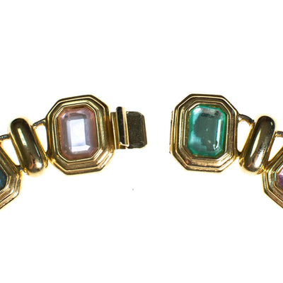 Vintage Pastel Crystal Gold Tone Necklace, Green, Pink, Yellow, and Blue Rhinestones, Slide Lock Clasp by 1980s - Vintage Meet Modern Vintage Jewelry - Chicago, Illinois - #oldhollywoodglamour #vintagemeetmodern #designervintage #jewelrybox #antiquejewelry #vintagejewelry