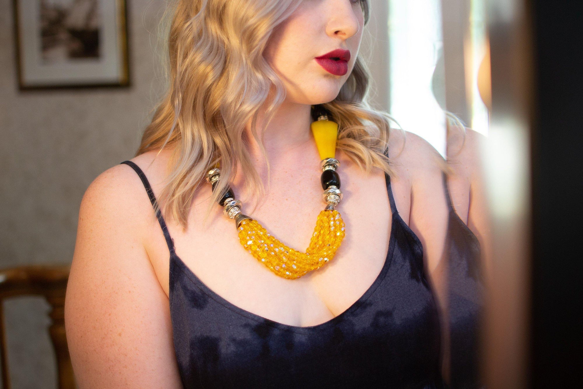 Vintage Artisan One of a Kind Yellow Jadeite Black Onyx Yellow Aurora Borealis Statement Necklace by Artisan - Vintage Meet Modern Vintage Jewelry - Chicago, Illinois - #oldhollywoodglamour #vintagemeetmodern #designervintage #jewelrybox #antiquejewelry #vintagejewelry
